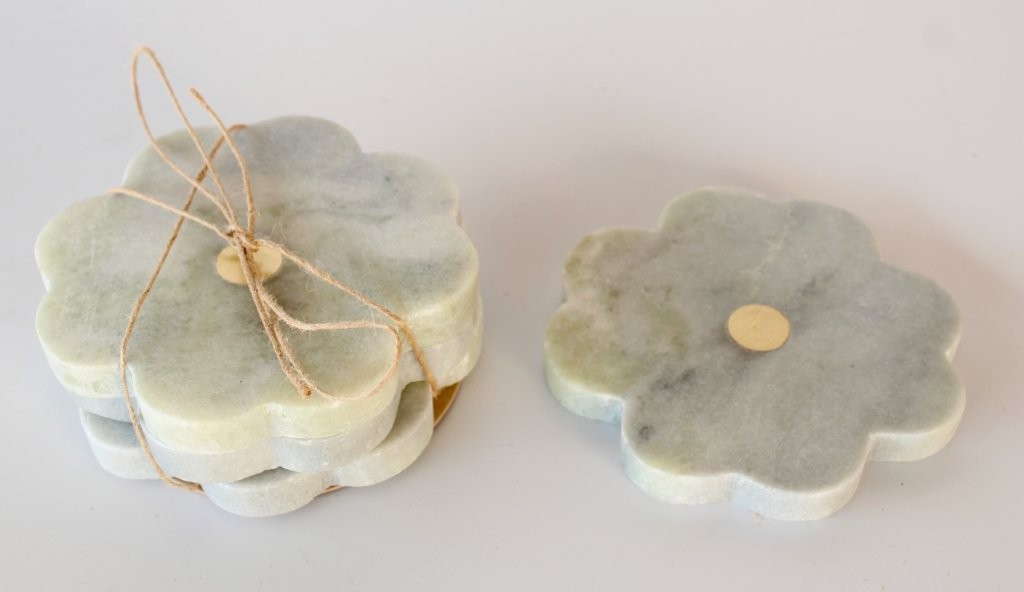 Set Of Grey Petal Marble & Brass Coasters
